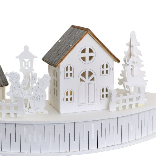 Drewniana dekoracja LED z wioską i domkami, 40 x14 x 20 cm, półokrągła