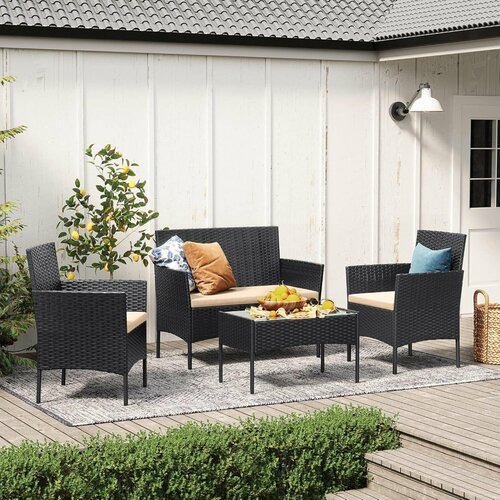 Aldotrade Rattanowy zestaw ogrodowy GardenLine, czarny + kremowe siedziska