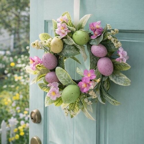 Osterkranz mit Blumen und Eiern, Lila, D. 25 cm