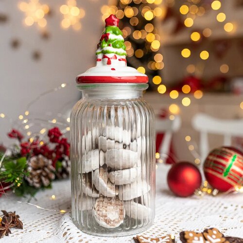 Altom Sklenená dóza s keramickým viečkom Christmas Tree 900 ml