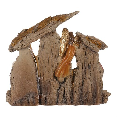 Decorație de Crăciun Betleem cu trei magi șiînger, poliresină, LED, maro, 20x23x7 cm