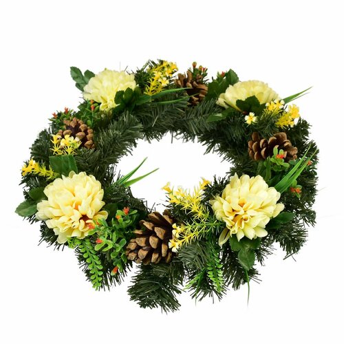 Dušičkový venček okrašen s chryzantémami sv.žluté, 35 cm
