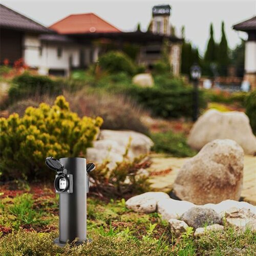 Solight PG10B Záhradný stĺpik IP44, nehrdz. oceľ, 2 zásuvky, valec, čierna