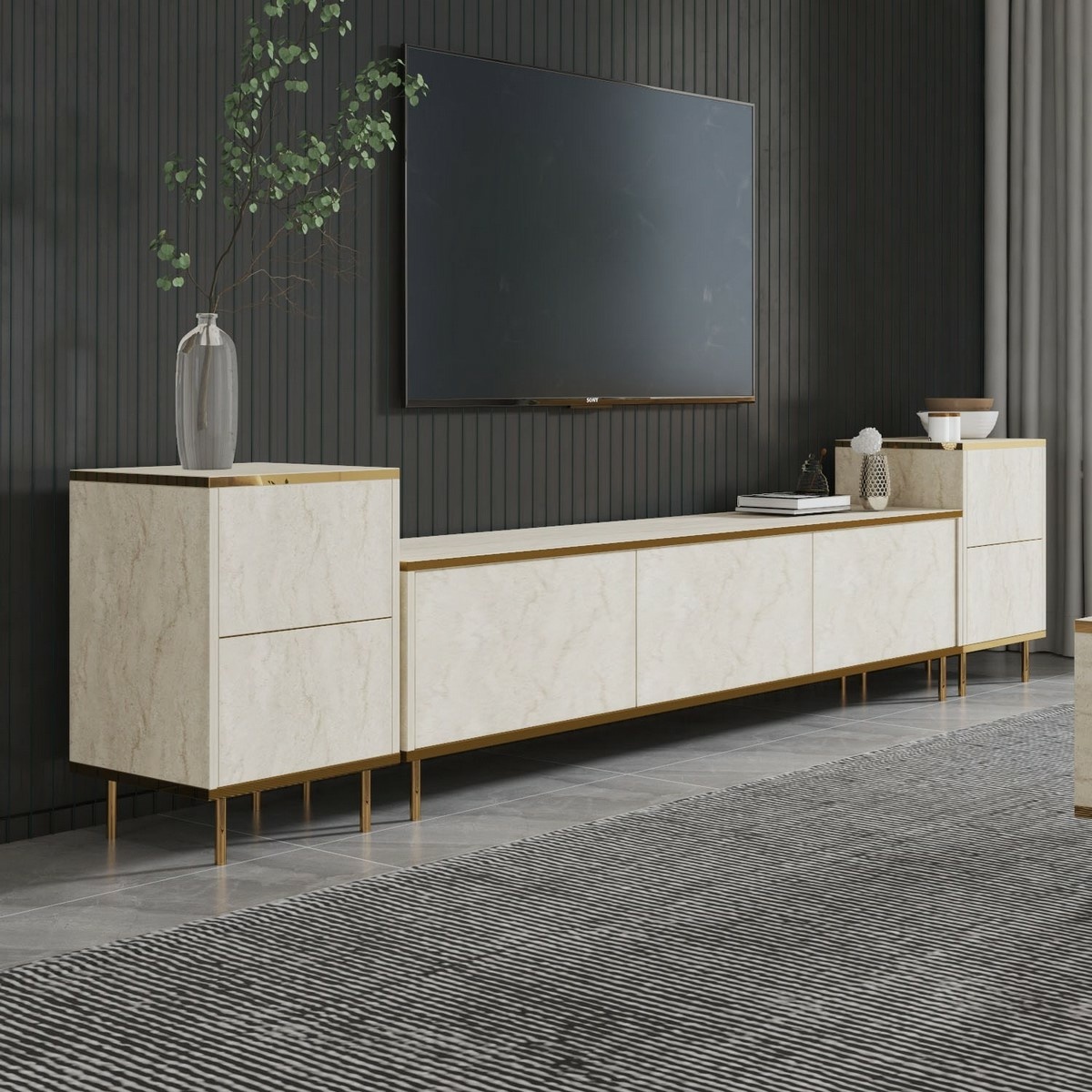 Televízny stolík so skrinkami Imej Travertine and Gold