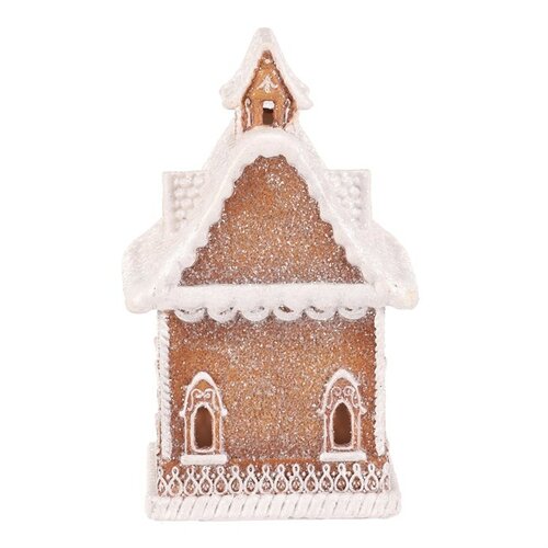 Vianočná dekorácia Perníkový domček so zasneženou strechou, polyresin, LED, hnedá