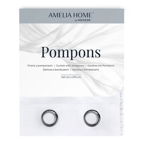 AmeliaHome Pompons Eyelets függöny, fehér, 140 x 250 cm