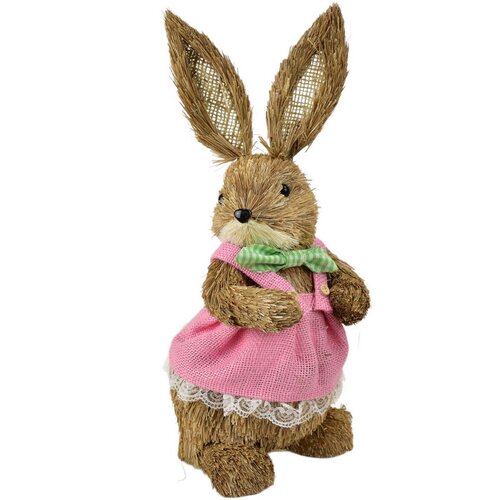 Velikonočni slamnati zajček v roza obleki, naraven, 39 cm