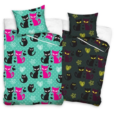 Lenjerie fosforescentă din bumbac pentru copii  verde Pisicuţe, 140 x 200 cm, 70 x 80 cm