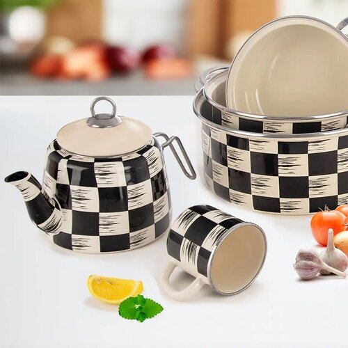 Orion Emaillierter Becher Schachbrett, 0,41 l, Durchmesser 8,8 cm