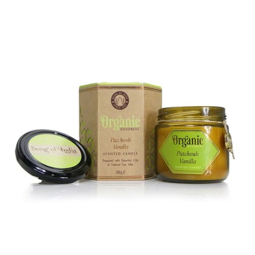 Lumânare organică Patchouli Vanilie 200 g în sticlă nuanță chilimbar