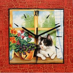 Dekorativní nástěnné hodiny Kočka v okně, červená