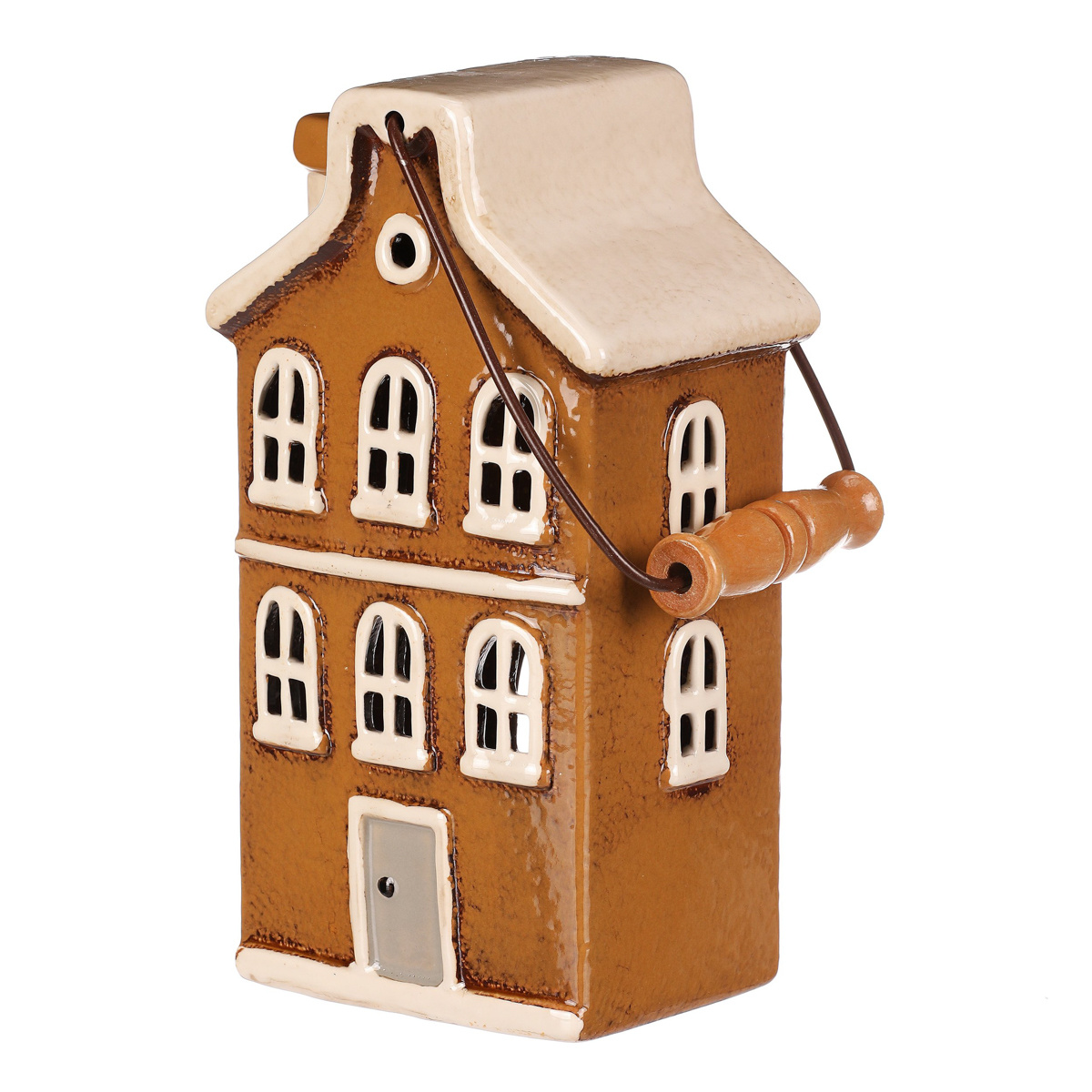 Suport de lumânare Casa cu mâner, maro, ceramică, 13 x 10 x 37 cm