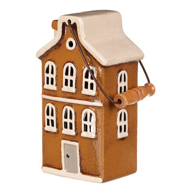 Suport de lumânare Casa cu mâner, maro, ceramică, 13 x 10 x 37 cm