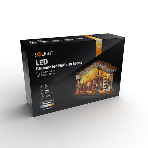 Solight LED vánoční dřevěný podsvícený betlém, 6x LED, 26 x 17 cm, 2x AA