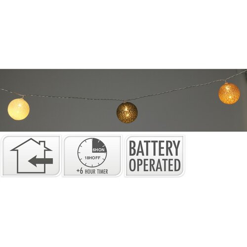 LED fénylánc Raffia, 360 cm, 12 gömb, átmérő 6 cm,időzítővel