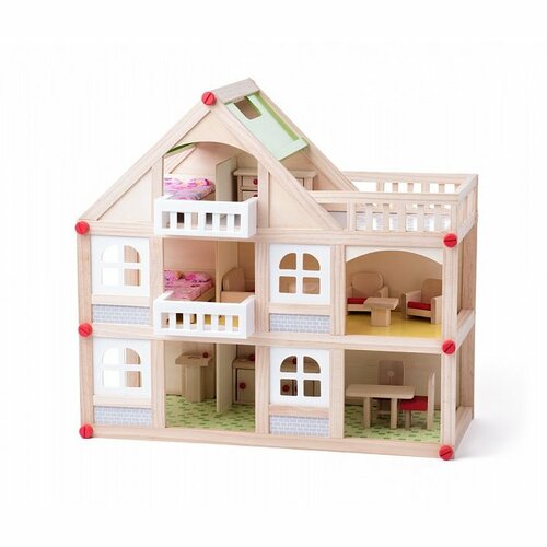 Woody Zweistöckiges Puppenhaus mit Balkon und Zubehör, 55 x 26 x 51,5 cm