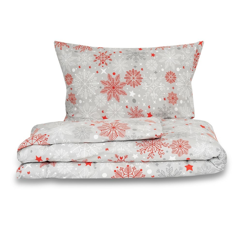 Kvalitex Vánoční flanelové povlečení Vločky červenošedá, 140 x 200 cm, 70 x 90 cm