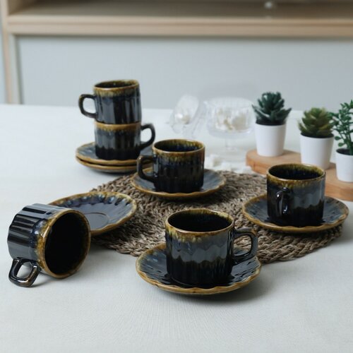Zestaw 6 filiżanek ceramicznych ze spodkami Elementa 185 ml, ciemnoniebieski