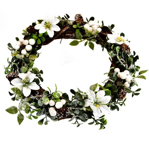 Wieniec świąteczny z wikliny White poinsettia, 30 cm