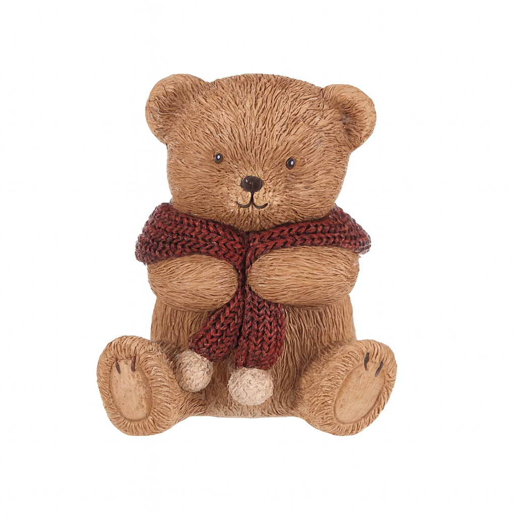 Dekorácia Medveď s červeným šálom, polyresin, 10 cm