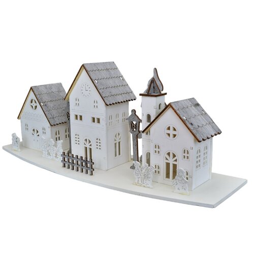 Decorațiune LED din lemn Trei case , 44 x 15,8x 13,5 cm
