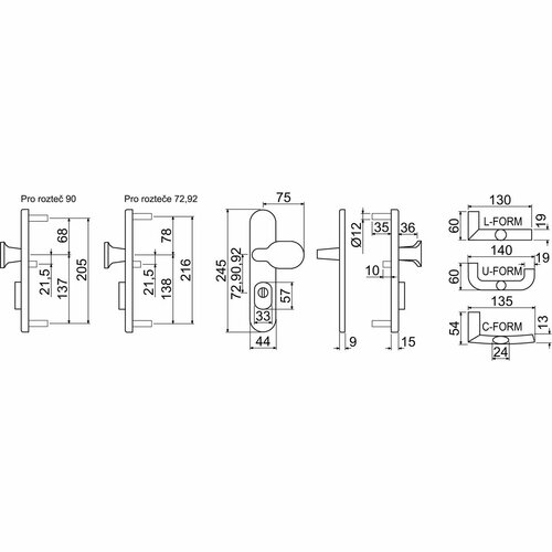 Dverové bezpečnostné kovanie s držadlom, rozteč 90 mm