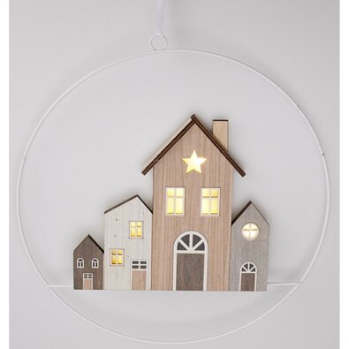 Závěsná vánoční dekorace Winter Houses, 30 cm, svítící, na baterie