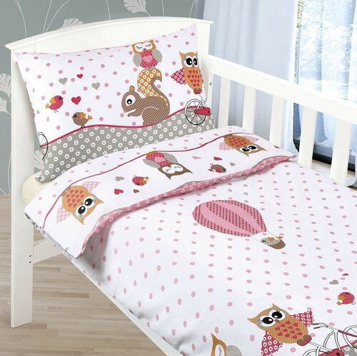 Poza Lenjerie de pat din bumbac, pentru copii, AgataBufnita roz, 90 x 135 cm, 45 x 60 cm