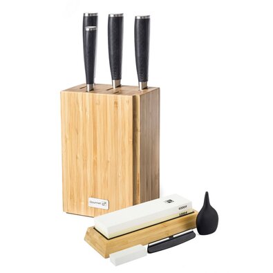 Set de cuțite G21 Damascus Premium în bloc debambus, 4 bucăți + piatră de ascuțit