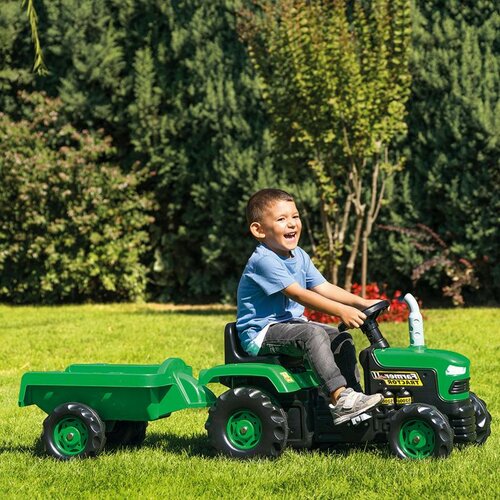 Dolu gyermek pedálos traktor pótkocsival, zöld