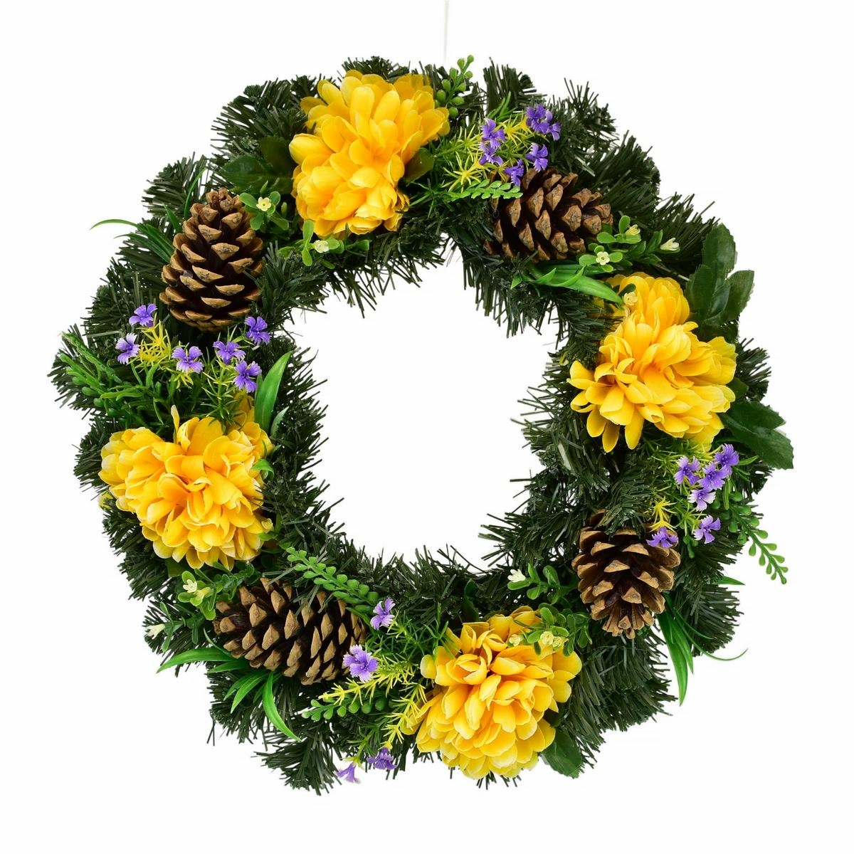 Halászcsésze koszorú sárga krizantémokkaldíszítve, 35 cm