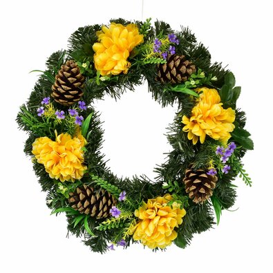 Halászcsésze koszorú sárga krizantémokkaldíszítve, 35 cm
