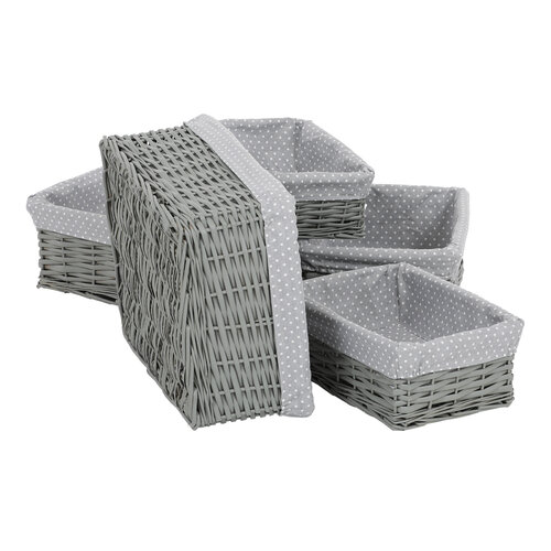 Weidenkörben-Set mit Stoff Grauer Punkt, 5 Stück, 5 Größen, 48 x 18 x 37 cm