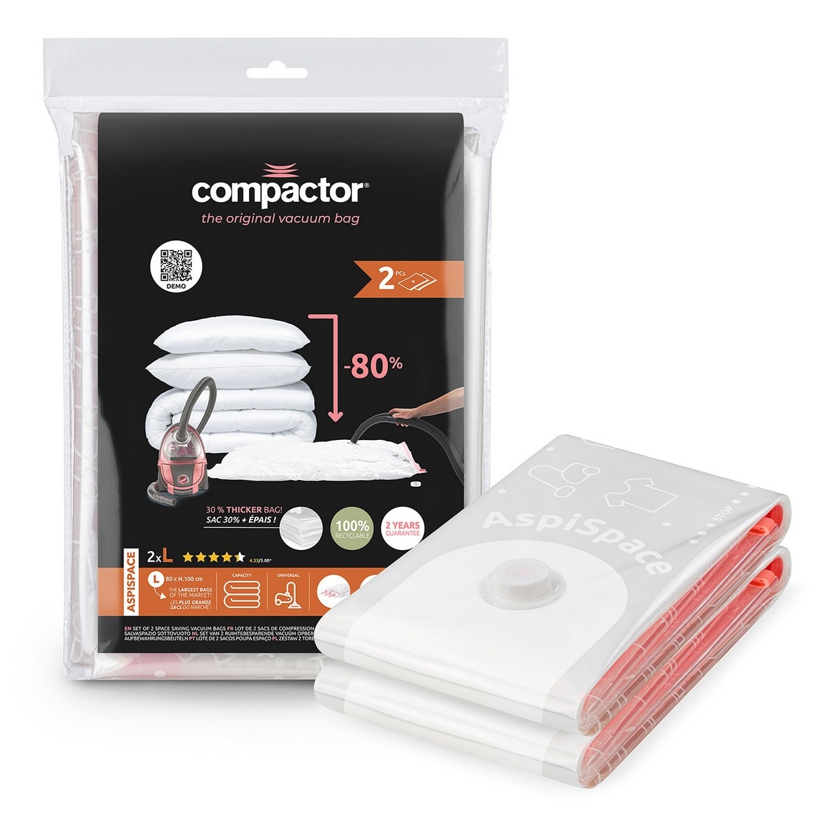 Compactor Set 2 saci de depozitare în vid Bag Aspispace L, 80 x 100 cm, L