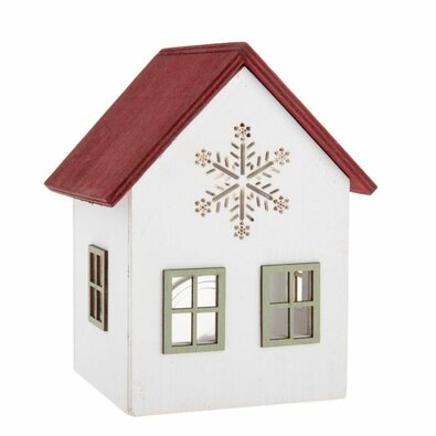 Дерев'яний свічник зі склом Будиночок з сніжинкою,15 см, червоний