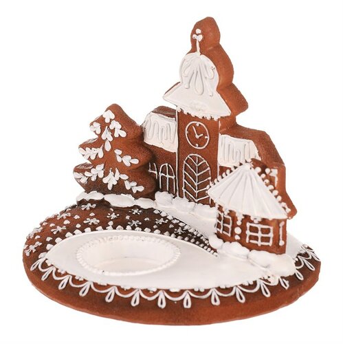 Gingerbread candle holder with church - polyresin,brown and white