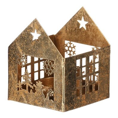 Metalowy świecznik Domeček, złoty, 8 x 8 x 10 cm