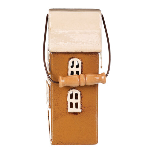 Suport de lumânare Casa cu mâner, maro, ceramică, 13 x 10 x 37 cm