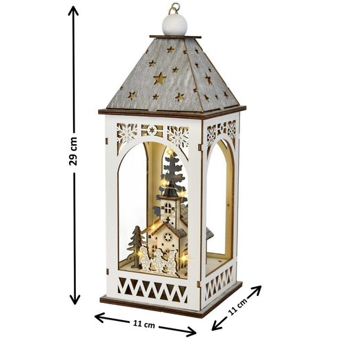 Lanterna din lemn cu motiv de Crăciun și iluminare LED, 11 x 29 cm, alb cald