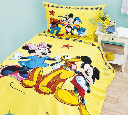 Detské bavlnené obliečky Mickey a priatelia, 140x2, žltá, 140 x 200 cm, 70 x 90 cm