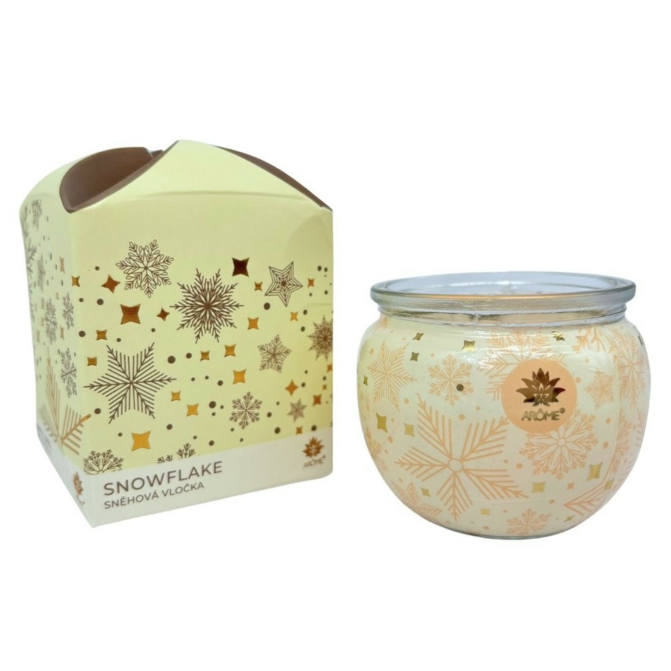 Arome Świeca w szklanym pojemniku i pudełku zmotywem kwiatowym, Snow flake, 90 g
