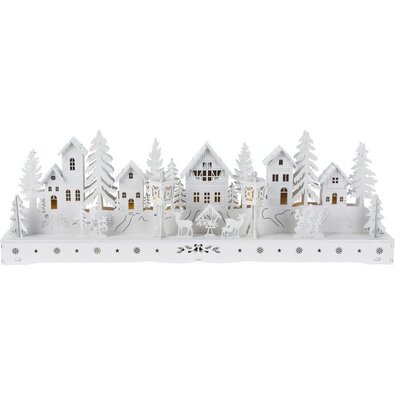 Vánoční svítící vesnička, 15 LED, 45 x 5,8 x 15 cm, bílá, dřevo
