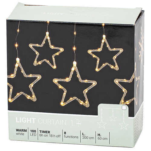 Kültéri fényfüggöny Stars, 200x60cm, LED, fehérfény, időzítő, 8 funkció, elemes