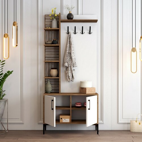 Cuier cu dulap pentru pantofi și rafturi ViyanaWalnut and White