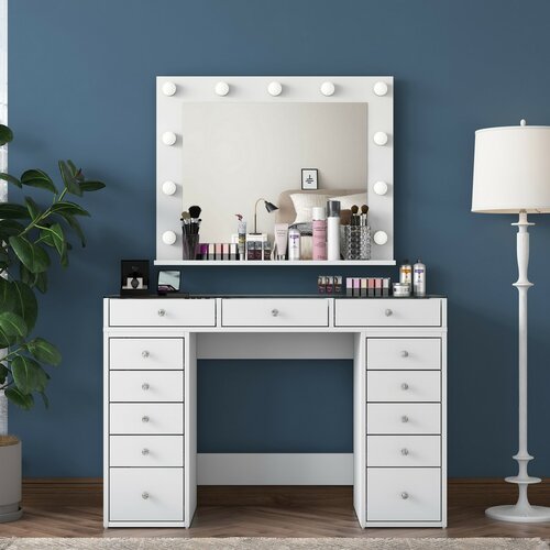 Schminktisch Livia White mit Glasplatte
