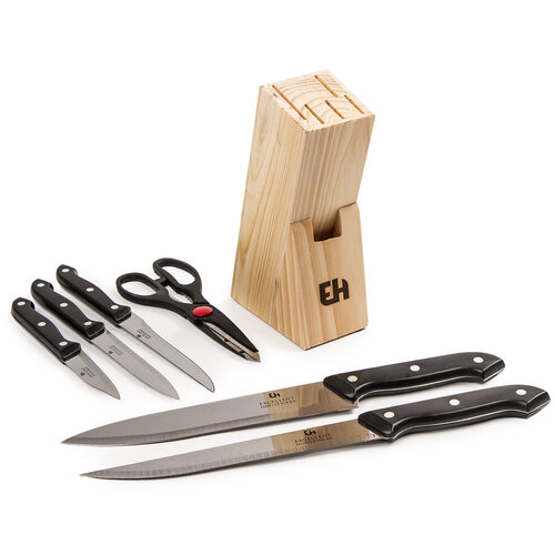 Set de cuţite de bucătărie, 5 buc. + foarfecă, în stativ din lemn