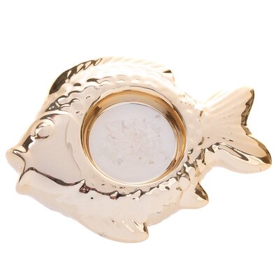 Suport de lumânări de Crăciun din ceramică  Fish auriu, 11 x 2 x 8,5 cm