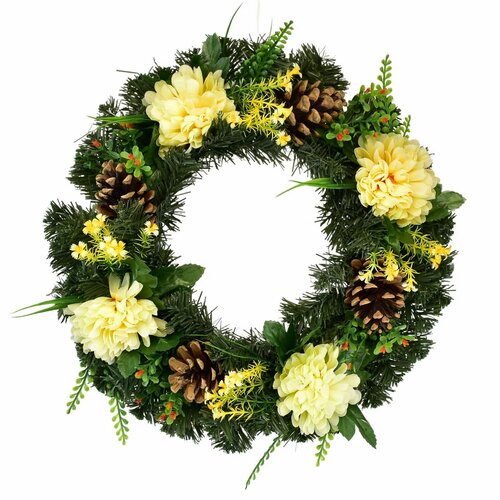 Dušičkový venček okrašen s chryzantémami sv.žluté, 35 cm