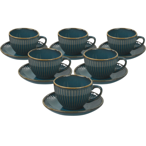 Set de 6 cești din ceramică cu farfurioare Linea210 ml, petrol