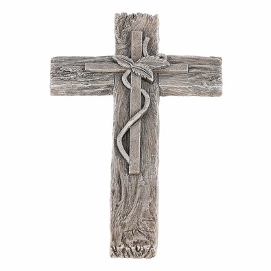 Decorație funerară Cruce cu frunze, imitație delemn, poliresină, 11 x 21 x 2 cm